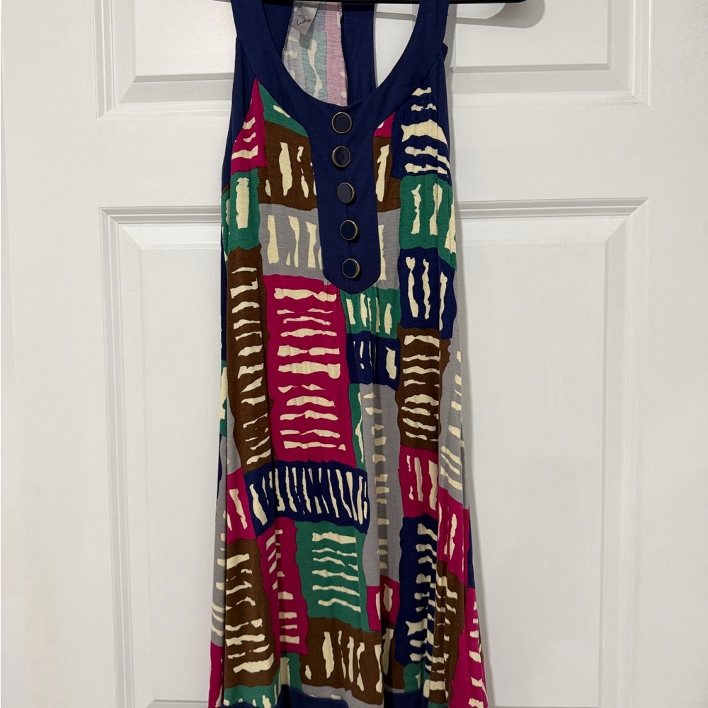 Sleeveless Patchwork Print Tank Dress in Navy, Pink, Teal, Brown